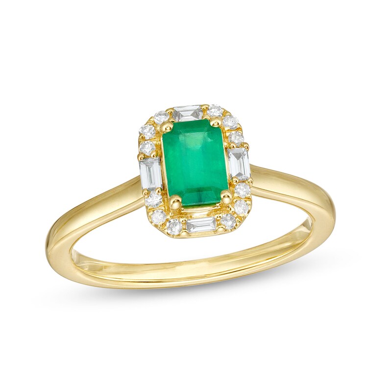 Main Image 1 of Emerald-Cut Emerald and 1/8 CT. T.W. Baguette and Round Diamond Frame Ring in 10K Gold