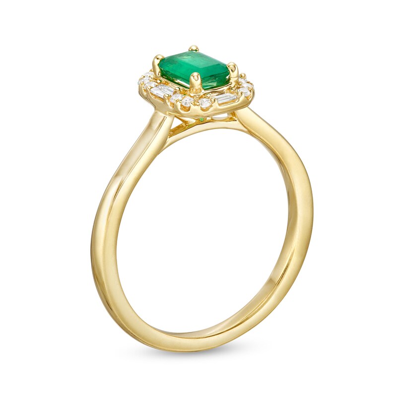 Main Image 3 of Emerald-Cut Emerald and 1/8 CT. T.W. Baguette and Round Diamond Frame Ring in 10K Gold