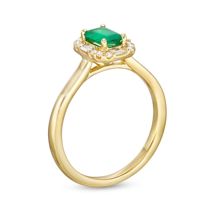 Emerald-Cut Emerald and 1/8 CT. T.W. Baguette and Round Diamond Frame Ring in 10K Gold