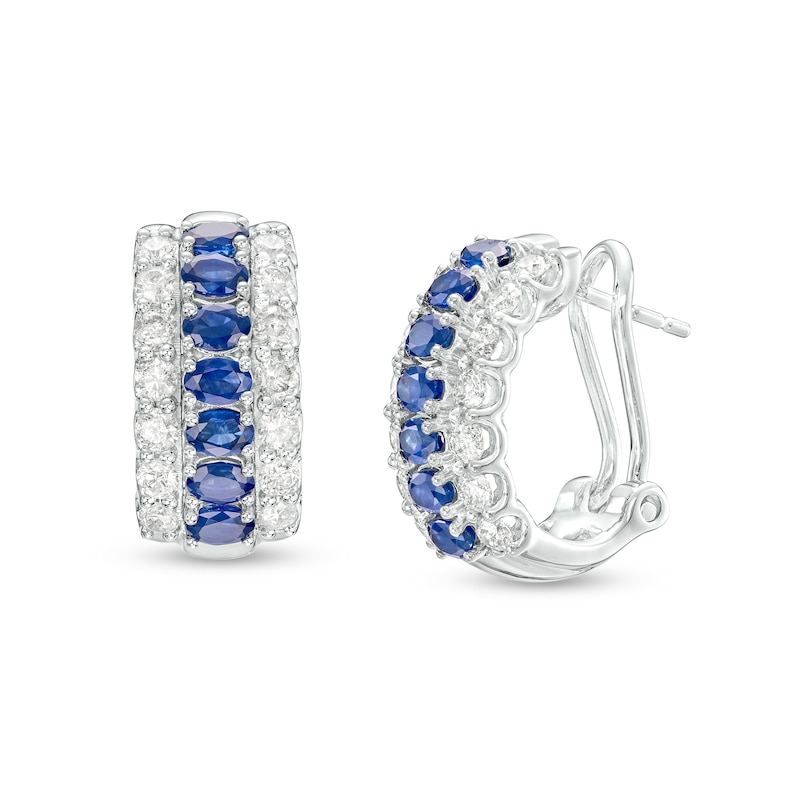 Main Image 1 of Oval Blue Sapphire and 3/4 CT. T.W. Diamond Triple Row Hoop Earrings in 10K White Gold