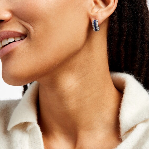 Oval Blue Sapphire and 3/4 CT. T.w. Diamond Triple Row Hoop Earrings in 10K White Gold