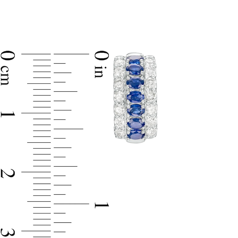 Main Image 3 of Oval Blue Sapphire and 3/4 CT. T.W. Diamond Triple Row Hoop Earrings in 10K White Gold
