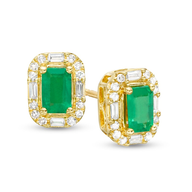 Main Image 1 of Emerald-Cut Emerald and 1/6 CT. T.W. Baguette and Round Diamond Frame Stud Earrings in 10K Gold