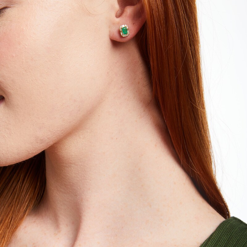 Main Image 2 of Emerald-Cut Emerald and 1/6 CT. T.W. Baguette and Round Diamond Frame Stud Earrings in 10K Gold