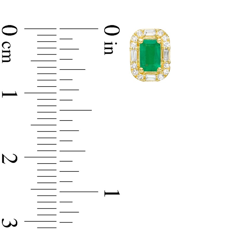 Main Image 3 of Emerald-Cut Emerald and 1/6 CT. T.W. Baguette and Round Diamond Frame Stud Earrings in 10K Gold