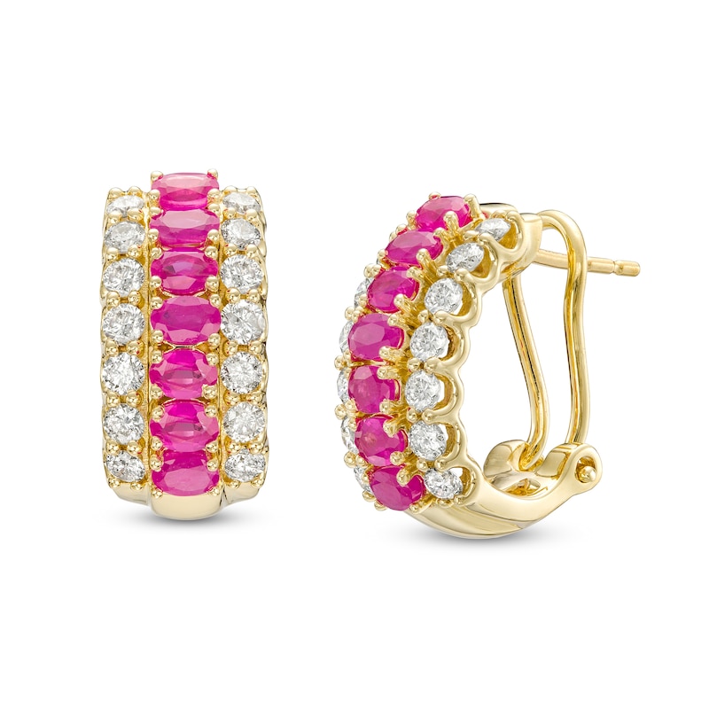 Main Image 1 of Oval Ruby and 3/4 CT. T.W. Diamond Triple Row Hoop Earrings in 10K Gold