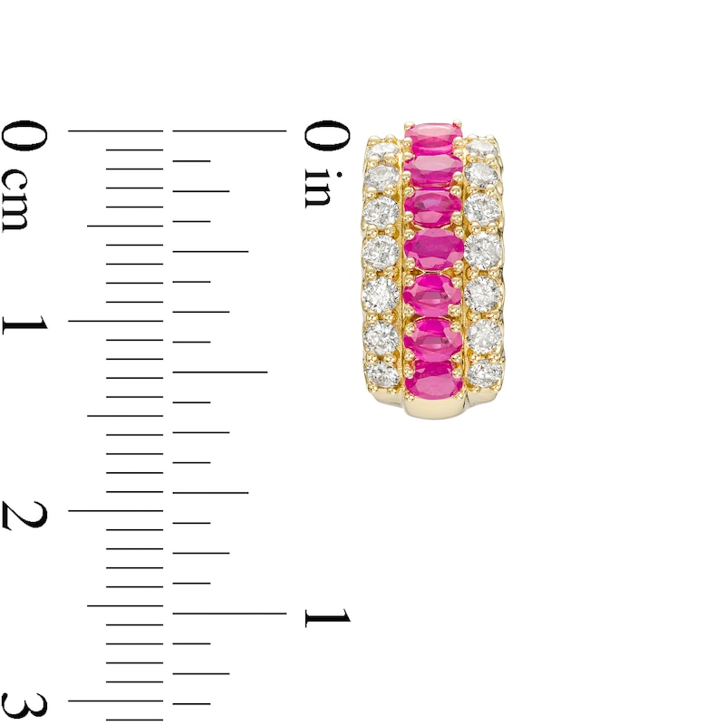 Main Image 3 of Oval Ruby and 3/4 CT. T.W. Diamond Triple Row Hoop Earrings in 10K Gold