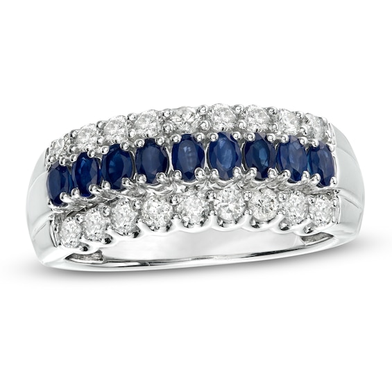 Oval Blue Sapphire and 5/8 CT. T.w. Diamond Triple Row Band in 10K White Gold