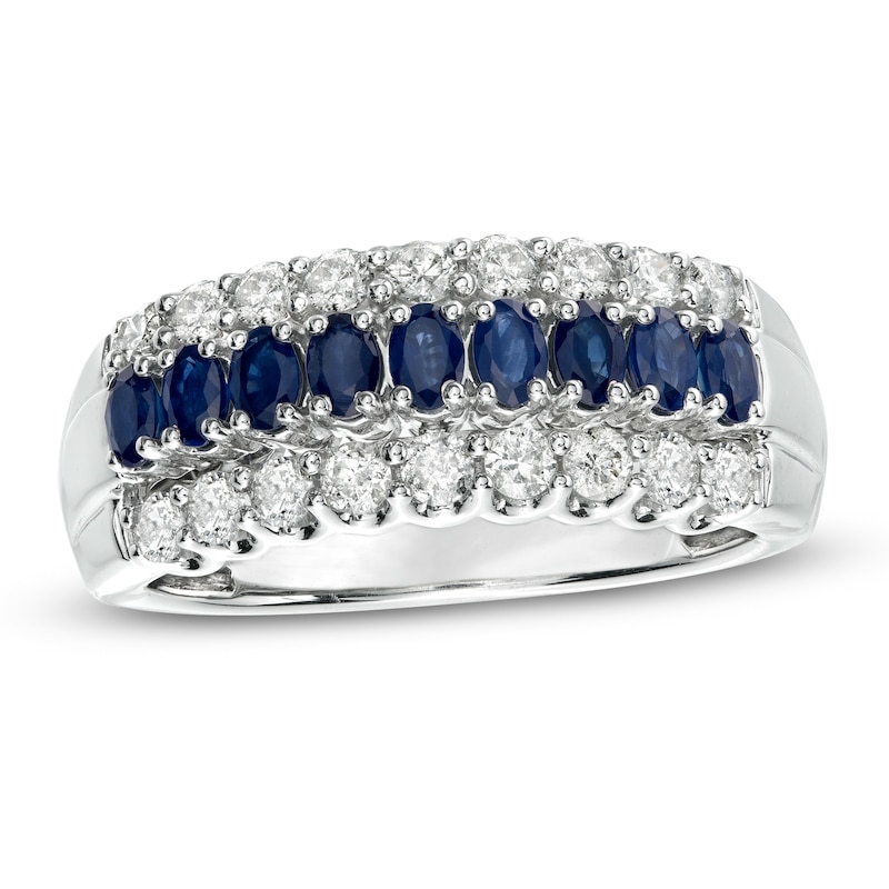 Main Image 1 of Oval Blue Sapphire and 5/8 CT. T.W. Diamond Triple Row Band in 10K White Gold