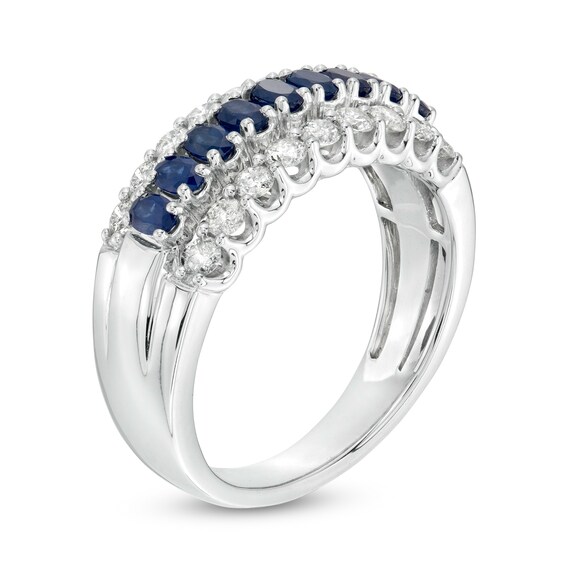 Oval Blue Sapphire and 5/8 CT. T.w. Diamond Triple Row Band in 10K White Gold