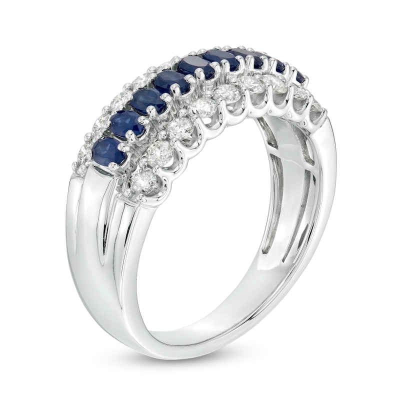 Main Image 3 of Oval Blue Sapphire and 5/8 CT. T.W. Diamond Triple Row Band in 10K White Gold