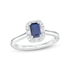 Thumbnail Image 1 of Emerald-Cut Blue Sapphire and 1/8 CT. T.W. Baguette and Round Diamond Frame Ring in 10K White Gold