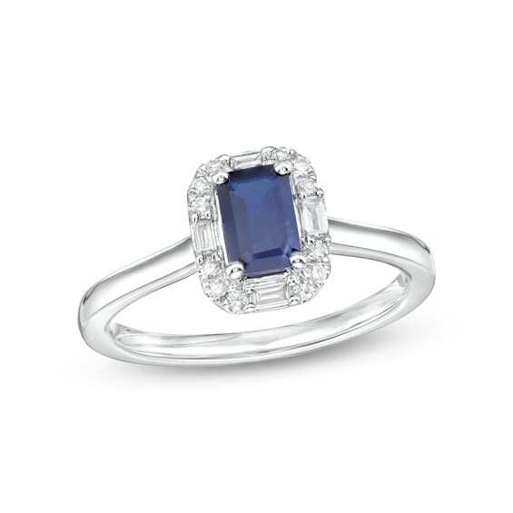 Emerald-Cut Blue Sapphire and 1/8 CT. T.w. Baguette and Round Diamond Frame Ring in 10K White Gold