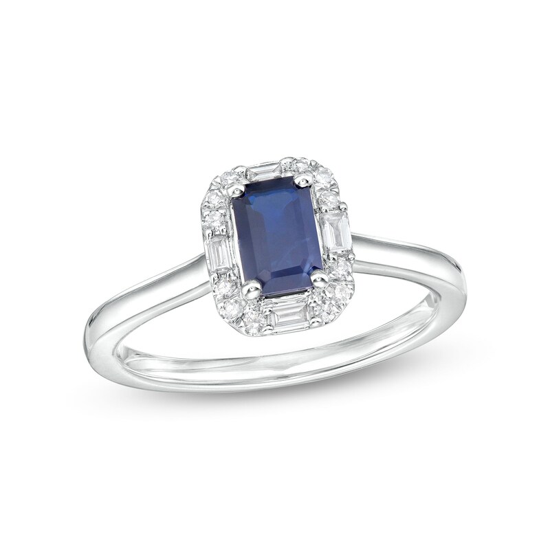 Main Image 1 of Emerald-Cut Blue Sapphire and 1/8 CT. T.W. Baguette and Round Diamond Frame Ring in 10K White Gold