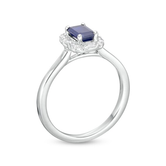 Emerald-Cut Blue Sapphire and 1/8 CT. T.w. Baguette and Round Diamond Frame Ring in 10K White Gold