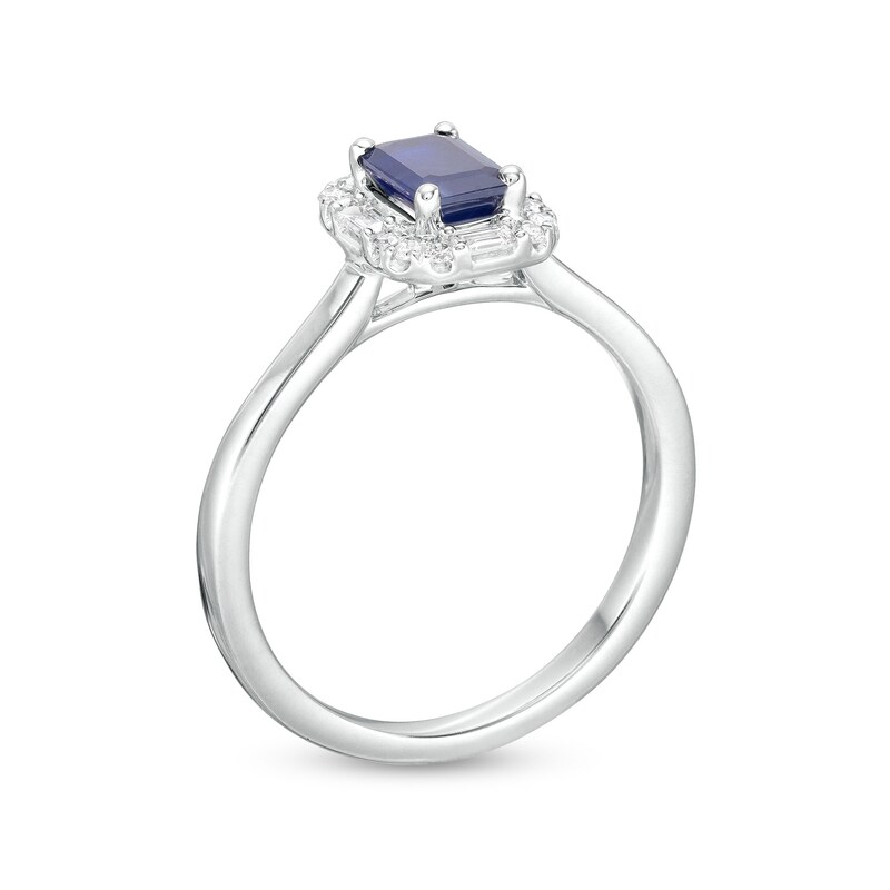 Main Image 3 of Emerald-Cut Blue Sapphire and 1/8 CT. T.W. Baguette and Round Diamond Frame Ring in 10K White Gold