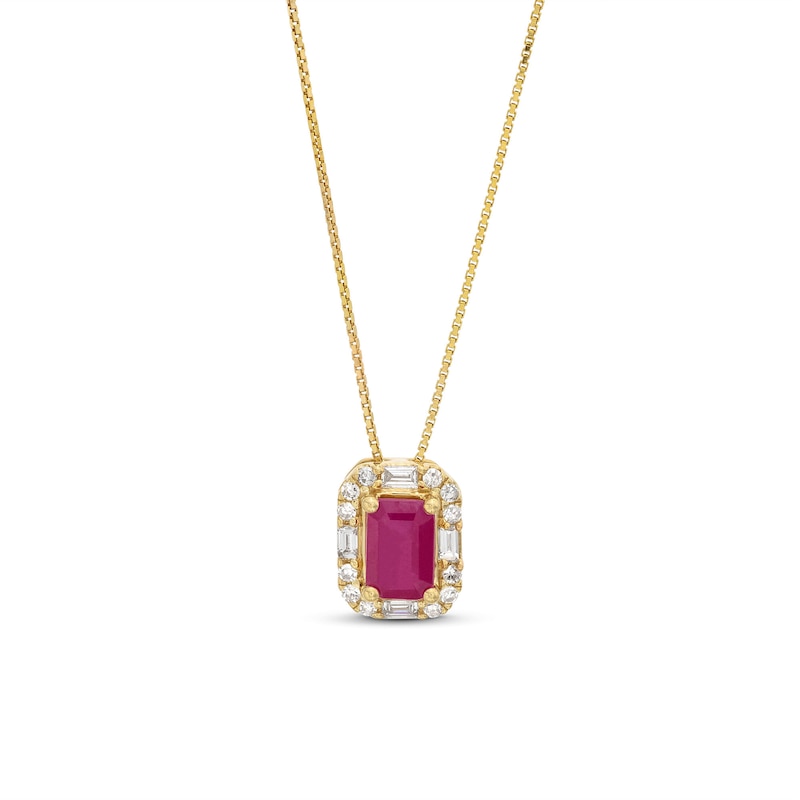 Main Image 1 of Emerald-Cut Ruby and 1/8 CT. T.W. Diamond Frame Pendant in 10K Gold