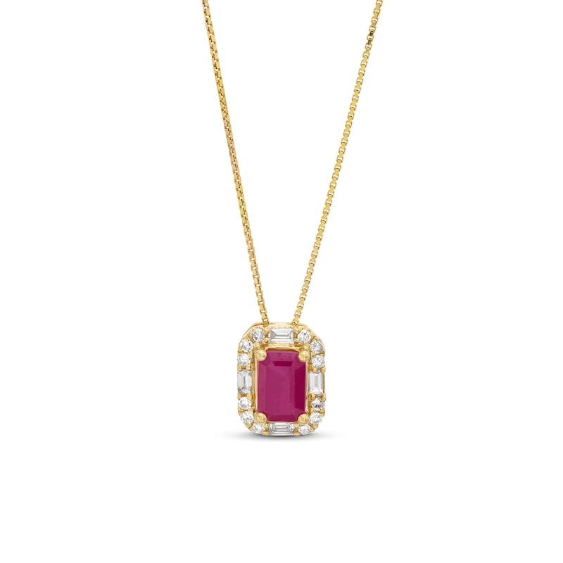 Emerald-Cut Ruby and 1/8 CT. T.W. Diamond Frame Pendant in 10K Gold