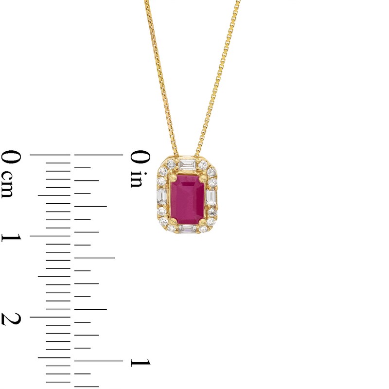 Main Image 3 of Emerald-Cut Ruby and 1/8 CT. T.W. Diamond Frame Pendant in 10K Gold