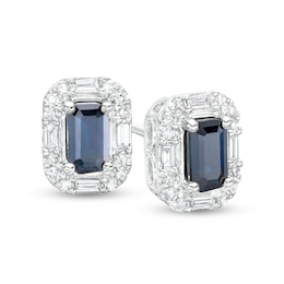 Emerald-Cut Blue Sapphire and 1/6 CT. T.W. Baguette and Round Diamond Frame Stud Earrings in 10K White Gold
