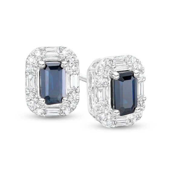 Emerald-Cut Blue Sapphire and 1/6 CT. T.w. Baguette and Round Diamond Frame Stud Earrings in 10K White Gold