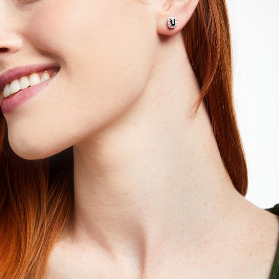 Emerald-Cut Blue Sapphire and 1/6 CT. T.w. Baguette and Round Diamond Frame Stud Earrings in 10K White Gold
