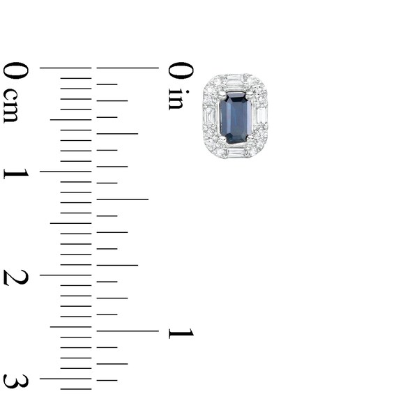 Emerald-Cut Blue Sapphire and 1/6 CT. T.w. Baguette and Round Diamond Frame Stud Earrings in 10K White Gold