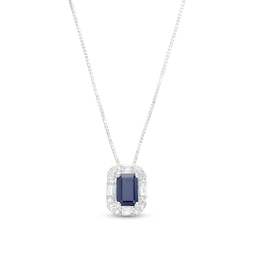 Emerald-Cut Blue Sapphire and 1/8 CT. T.W. Baguette and Round Diamond Frame Pendant in 10K White Gold