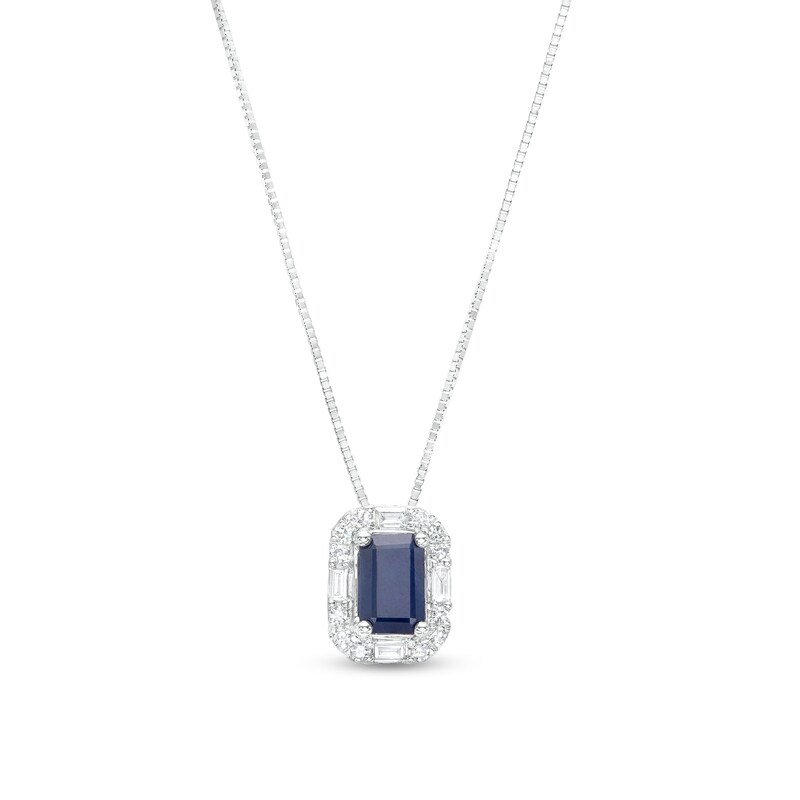 Main Image 1 of Emerald-Cut Blue Sapphire and 1/8 CT. T.W. Baguette and Round Diamond Frame Pendant in 10K White Gold
