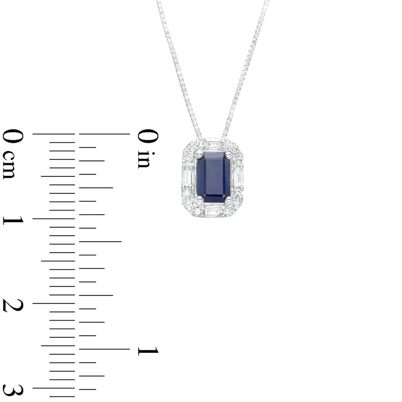 Main Image 3 of Emerald-Cut Blue Sapphire and 1/8 CT. T.W. Baguette and Round Diamond Frame Pendant in 10K White Gold
