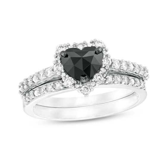 1 CT. T.w. Heart-Shaped Black and White Diamond Frame Bridal Set in 10K White Gold