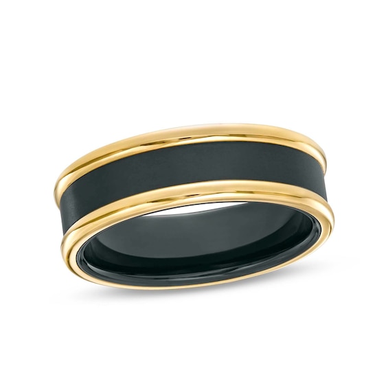 7.0mm Stripe Wedding Band in Tungsten with Black and Yellow Ion-Plate â Size 10