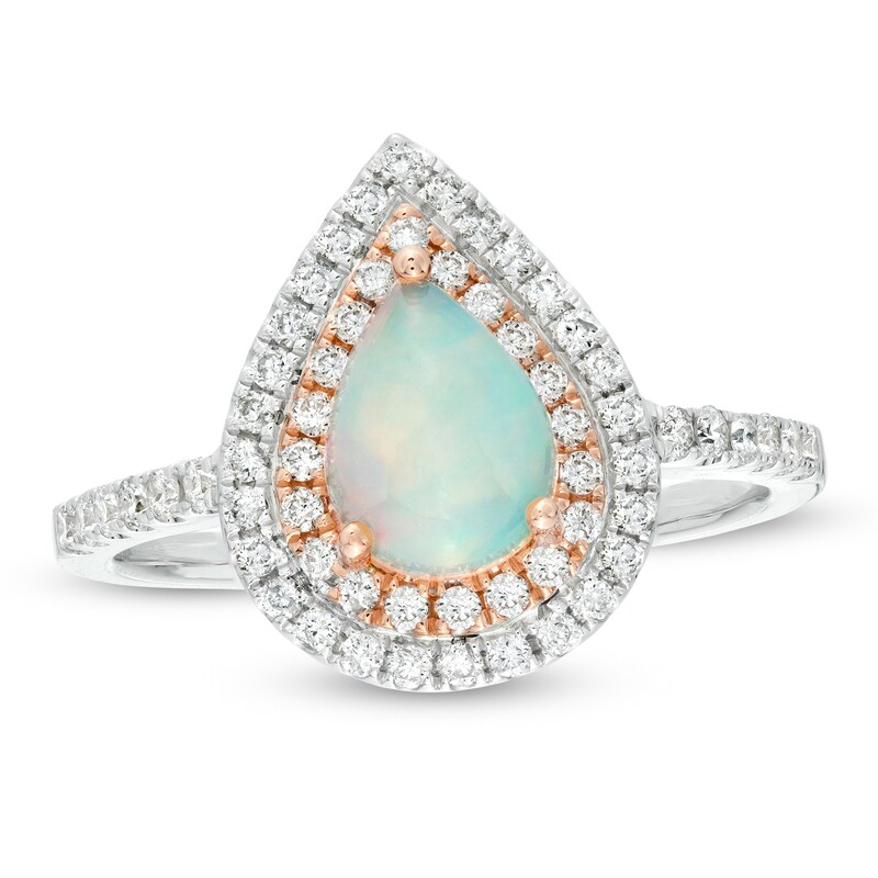 Main Image 1 of Pear-Shaped Opal and 3/8 CT. T.W. Diamond Double Frame Ring in 10K Two-Tone Gold