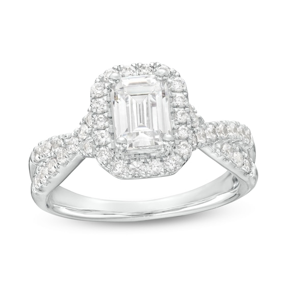 1-1/2 CT. T.w. Certified Emerald-Cut Lab-Grown Diamond Frame Twist Shank Engagement Ring in 14K White Gold (F/Vs2)