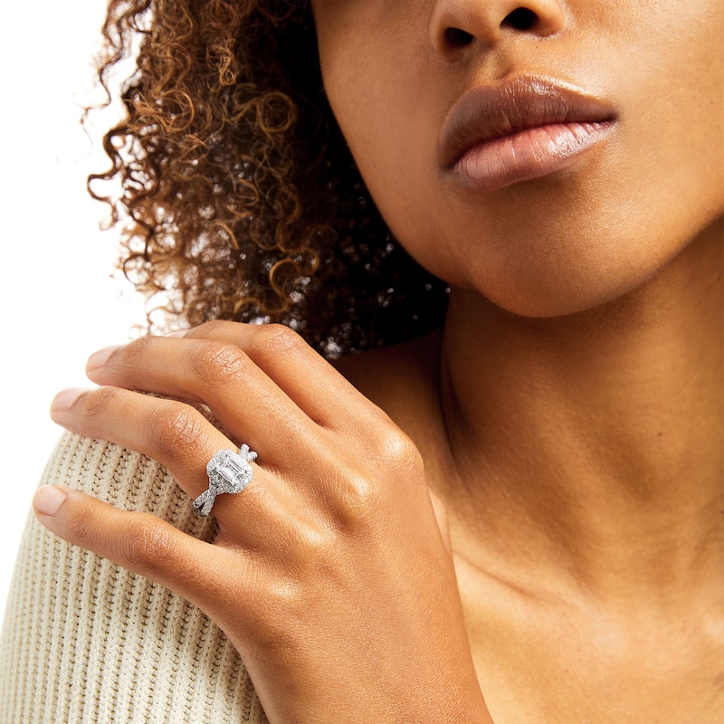 Main Image 2 of 1-1/2 CT. T.W. Certified Emerald-Cut Lab-Grown Diamond Frame Twist Shank Engagement Ring in 14K White Gold (F/VS2)