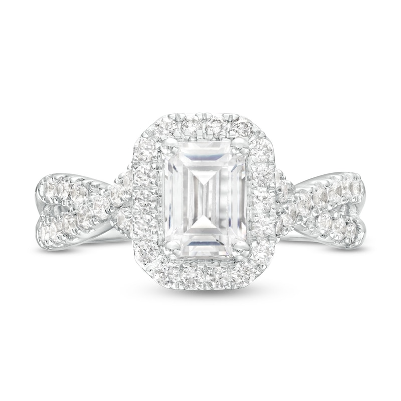 Main Image 4 of 1-1/2 CT. T.W. Certified Emerald-Cut Lab-Grown Diamond Frame Twist Shank Engagement Ring in 14K White Gold (F/VS2)