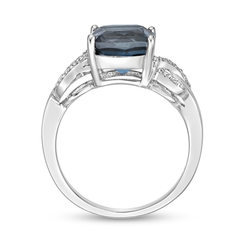 Main Image 3 of 8.0mm Cushion-Shaped London Blue Topaz and 0.10 CT. T.W. Diamond Twist Sides Ring in Sterling Silver