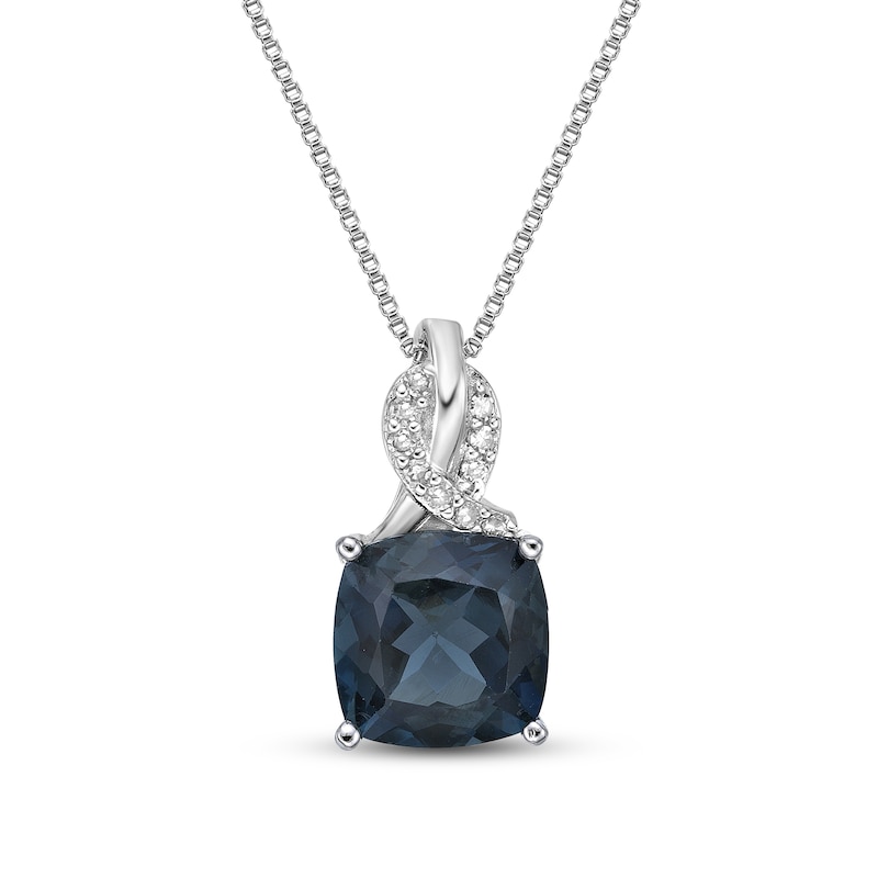 Main Image 1 of 8.0mm Cushion-Shaped London Blue Topaz and 1/20 CT. T.W. Diamond Twist Pendant in Sterling Silver