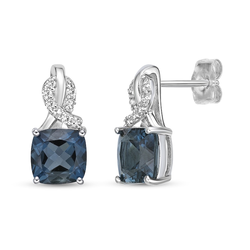 Main Image 1 of 6.0mm Cushion-Shaped London Blue Topaz and 1/15 CT. T.W. Diamond Twist Drop Earrings in Sterling Silver 