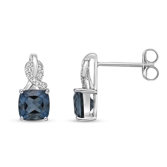 6.0mm Cushion-Shaped London Blue Topaz and 1/15 CT. T.w. Diamond Twist Drop Earrings in Sterling Silver