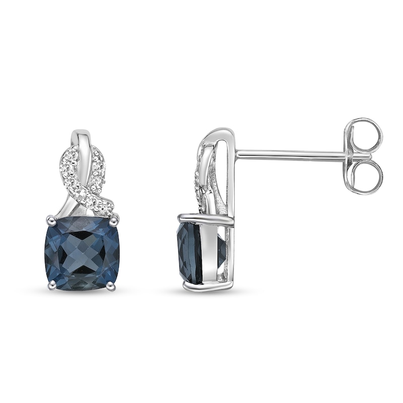 Main Image 2 of 6.0mm Cushion-Shaped London Blue Topaz and 1/15 CT. T.W. Diamond Twist Drop Earrings in Sterling Silver 