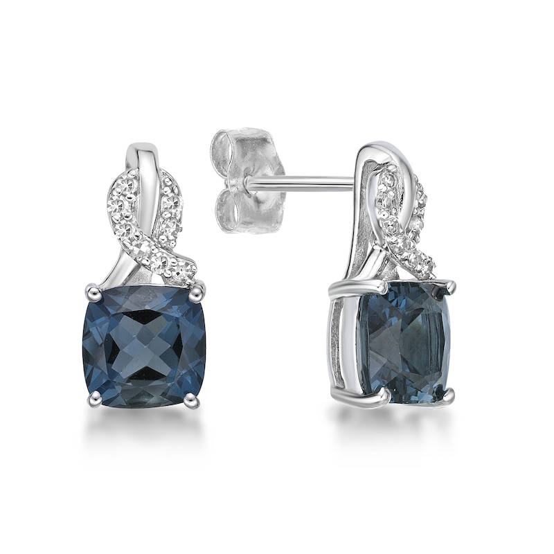 Main Image 3 of 6.0mm Cushion-Shaped London Blue Topaz and 1/15 CT. T.W. Diamond Twist Drop Earrings in Sterling Silver 
