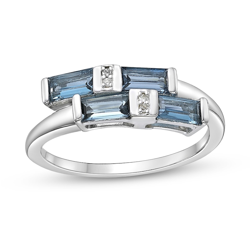 Baguette London Blue and Round White Topaz Bypass Wrap Ring in Sterling Silver
