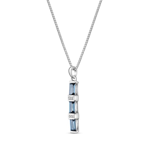 Baguette London Blue and Round White Topaz Vertical Bar Pendant in Sterling Silver