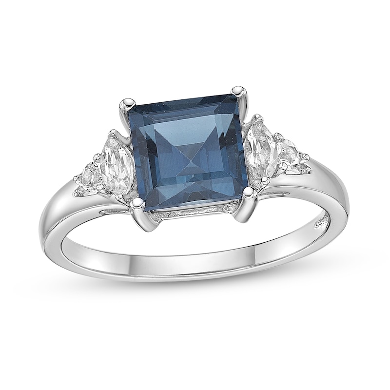 Main Image 1 of 7.0mm Princess-Cut London Blue and Marquise-Shaped White Topaz Ring in Sterling Silver
