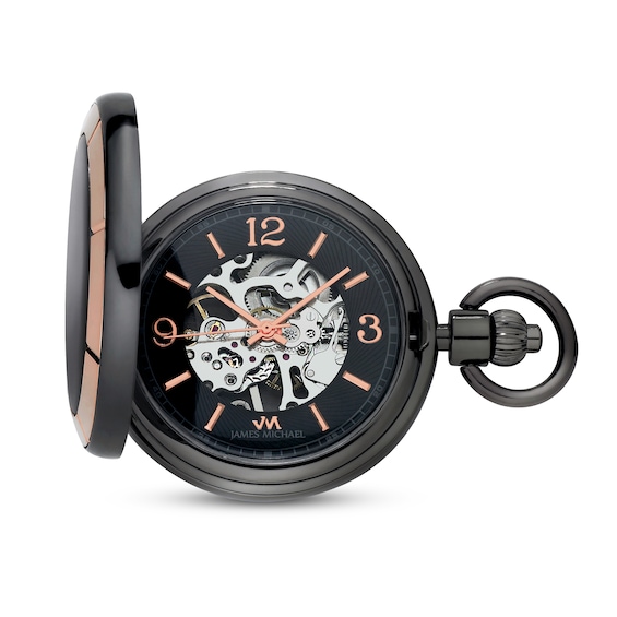 Men's James Michael Two-Tone Mechanical Pocket Watch with Black Skeleton Dial (Model: Pma011034W)