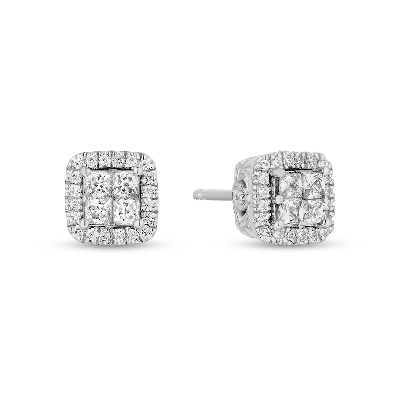 Main Image 1 of Enchanted Disney Cinderella 1/2 CT. T.W. Quad Princess-Cut Diamond Frame Stud Earrings in Sterling Silver