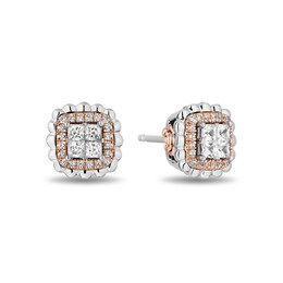 Enchanted Disney Belle 3/8 CT. T.W. Quad Princess-Cut Diamond Frame Stud Earrings in Sterling Silver and 10K Rose Gold