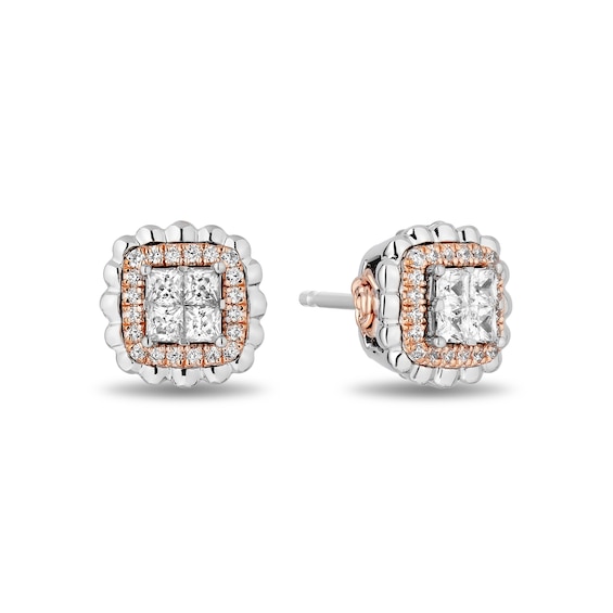 Enchanted Disney Belle 3/8 CT. T.w. Quad Princess-Cut Diamond Frame Stud Earrings in Sterling Silver and 10K Rose Gold