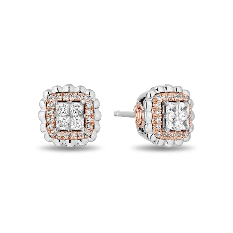 Main Image 1 of Enchanted Disney Belle 3/8 CT. T.W. Quad Princess-Cut Diamond Frame Stud Earrings in Sterling Silver and 10K Rose Gold
